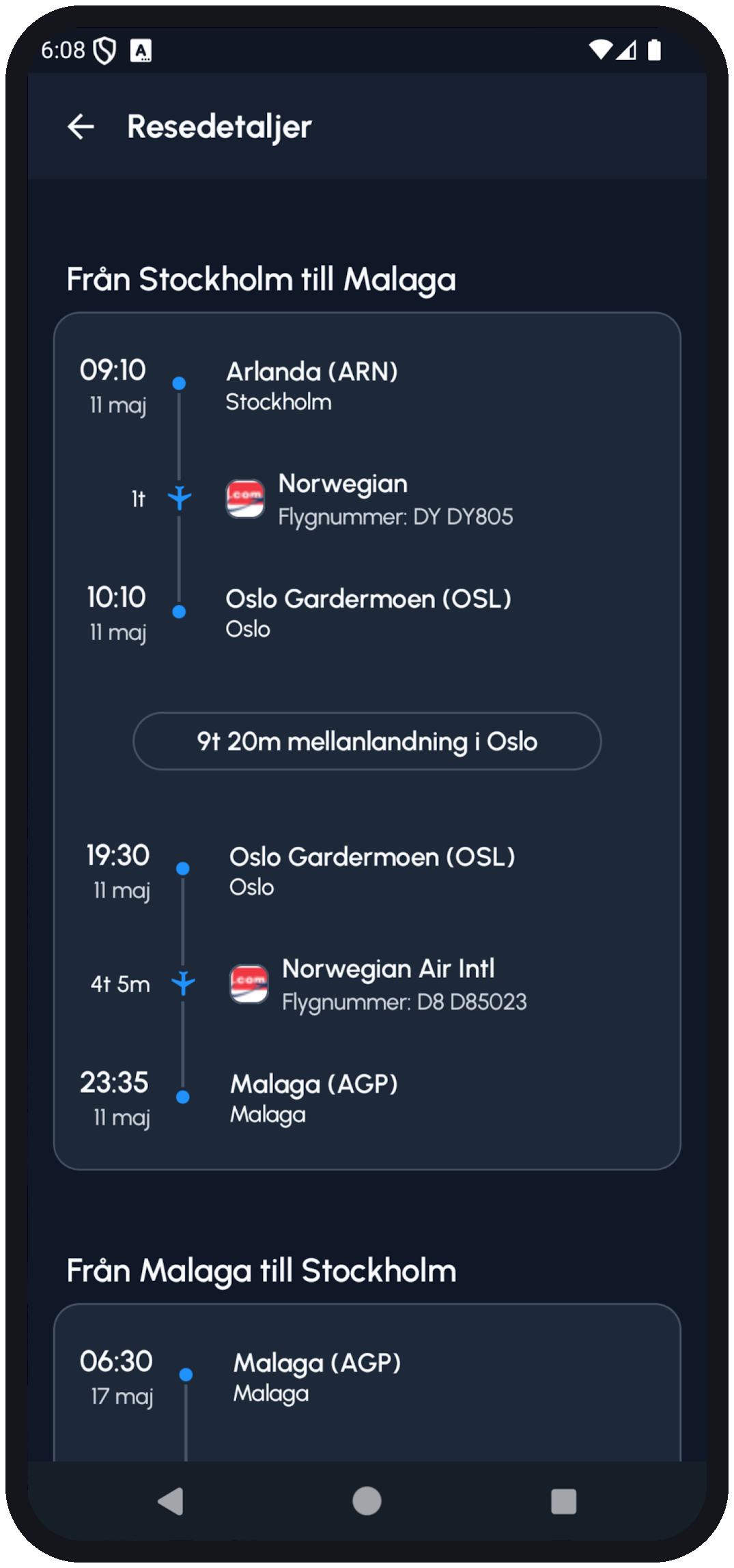 Flygstolar.se app screenshot showing flight search results